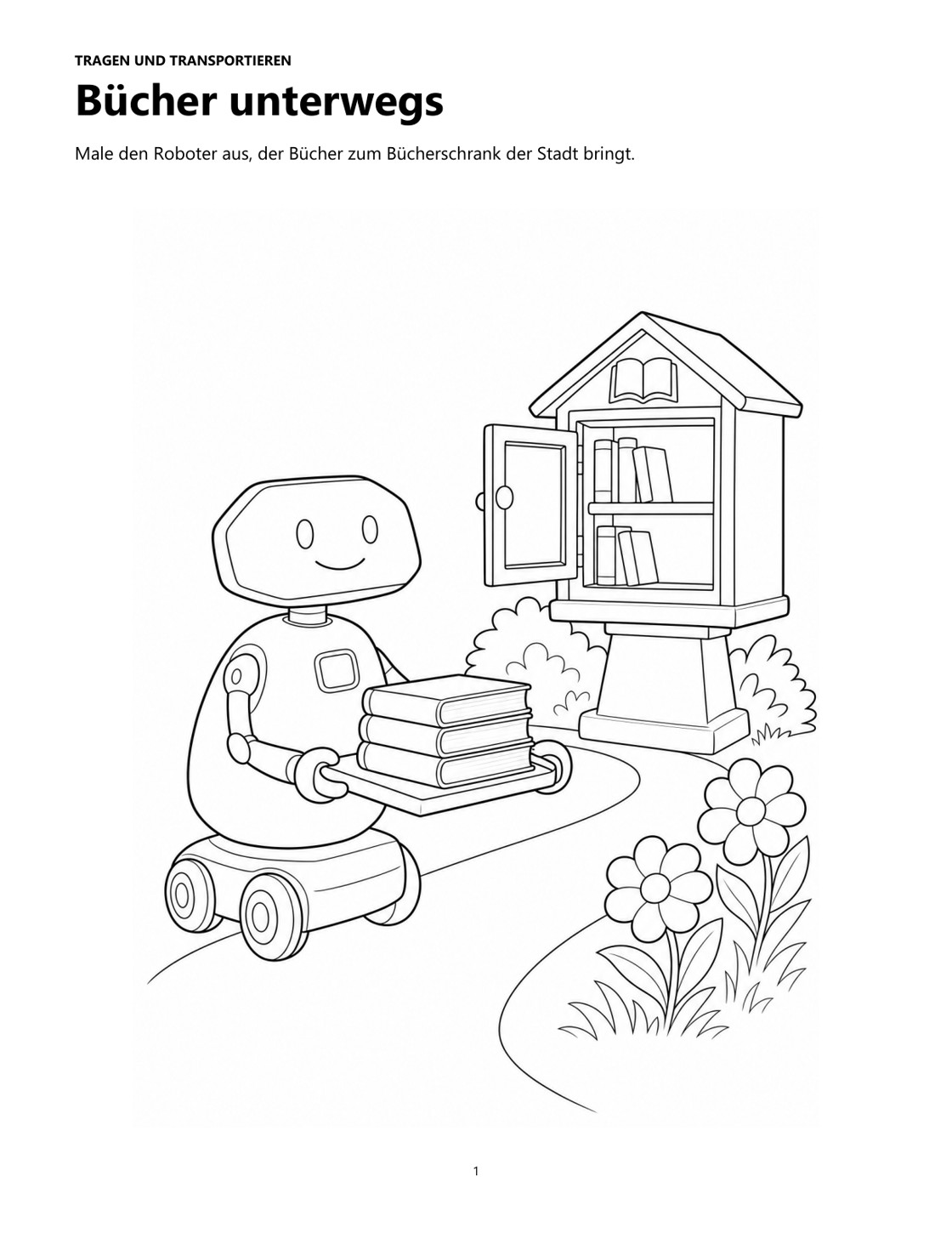 Original-Ausmalseite: Ein Roboter bringt Bücher zum Bücherschrank.