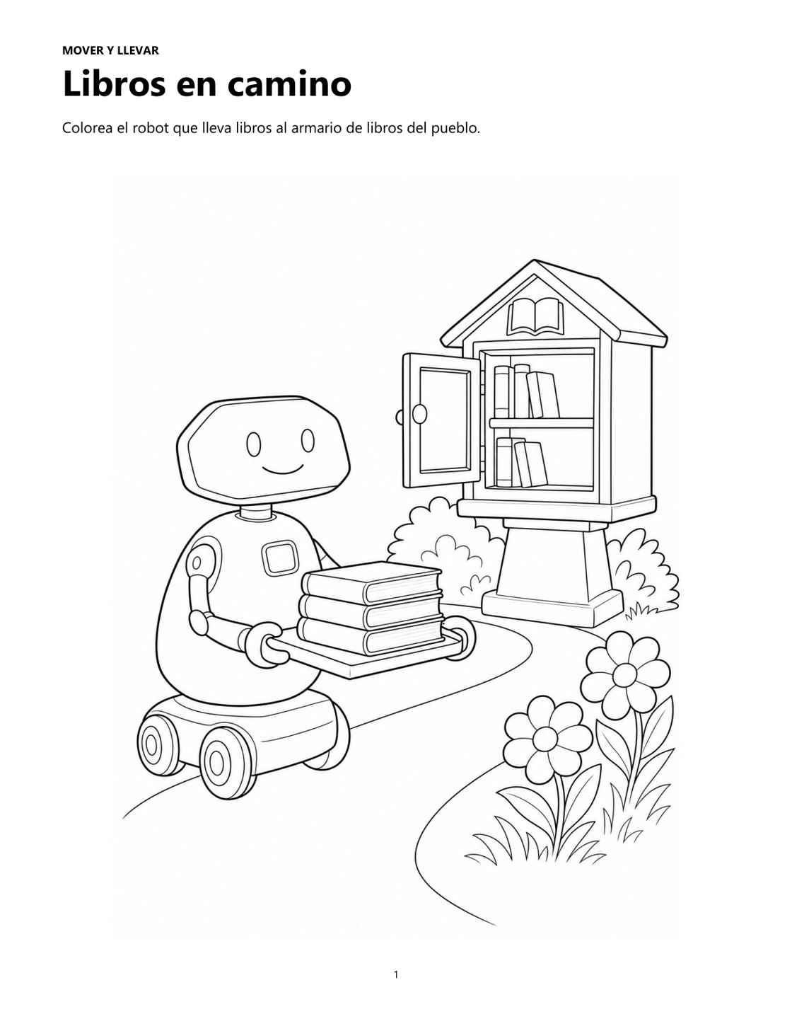 Página original para colorear: un robot lleva libros.