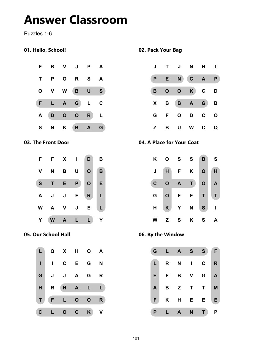 Original Answer Classroom page for puzzles 1–6; use answer 01, Hello, School!, at upper left